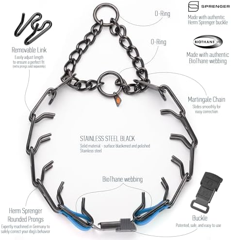 Herm Sprenger Black Stainless Steel Dog Collar with Quick Release ClicLock Buckle O-Ring Biothane Insert Training Collar Made in Germany (Cerulean Blue, 25in x 4.0mm(Neck Size up to21-22in))