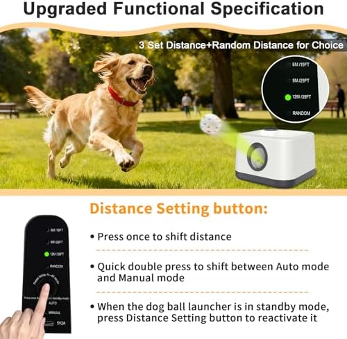 Automatic Dog Ball Launcher, Dual Auto-Manual Modes with Dog Barking Sound, Interactive Dog Fetch Toy, 3 Adjustable Distances, Dog Balls Thrower for Small & Medium Dogs, with 4 Durable ETPU Balls