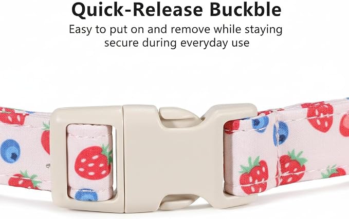 Pink Dog Collar, Girl Dog Collar for Small Dogs, Spring Summer Puppy Collar with Cute Strawberry, Cherry and Blueberry Print, Soft Adjustable Collars for Girls Boys Dogs, S