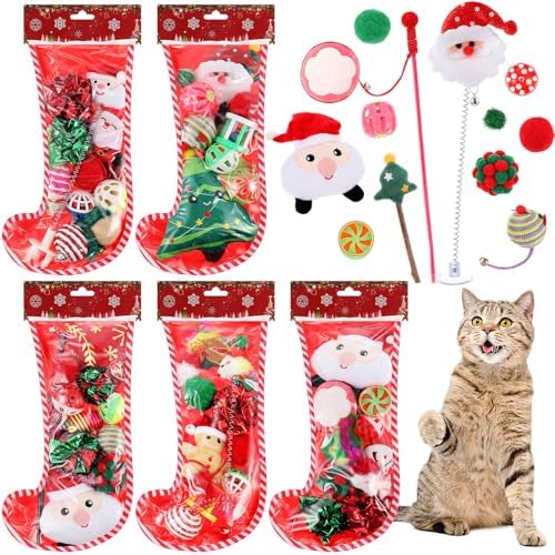 Shappy 5 Sets 55 Pcs Christmas Cat Stocking Toys with Cat Sticks Shaped Santa, Xmas Tree, Yarn Balls, Toy Mouse, Xmas Stocking Pet Set, Interactive Pet Gifts