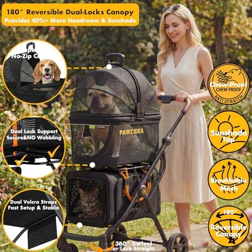 PAWZIDEA Double Pet Stroller with 2 Detachable Carrier for Multiple Pets