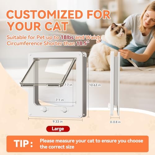 LIBBEPET Thin Interior Cat Door, 4 Way Locking Flap for Cats ≤18 lbs, Large | Fit Doors 0-0.8" Thick, Outer Size 9.3"x10.6", Anti Escape Rotating Lock, Magnetic Auto-Reset Flap, Weatherproof Brush Strips