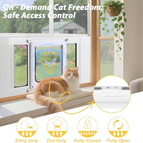 Cat Door for Window, Quick Damage-Free Install, 21"-23 4/5" Width Adjustable, All Aluminum Frame, 4-Way Lock, Magnetic Closure, Extra Window Sealing Strips (XS)