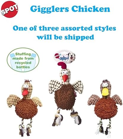 SPOT Gigglers Chicken Dog Toy with Giggle Sound, Textured Plush Tug Toy with Rope Legs, 12" for Small and Medium Dog Breeds