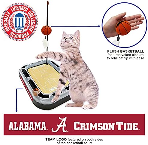 Cat Scratch Toy NCAA ALABAMA Crimson Tide REVERSIBLE Basketball Court Felt/Cardboard Cat Scratcher. Interactive Cat Ball Bell in Tracks. 6-in-1 CAT TOY. Cat Wand Poll, CATNIP-FILLED Plush Basketball