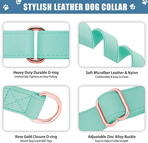 Soft Leather Martingale Dog Collar - Adjustable Rose Gold Limited Slip Collars [Easy to Clean], Stylish Durable Heavy Duty Nylon No Pull Training Collar for Small Medium Large Dogs L Mint Green