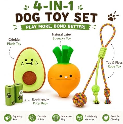 Cute Dog Toys for Small Dogs, Vegetable Puppy Toy Set with Squeaky Carrot, Avocado Plush & Rope Tug Toys, Interactive Puppy Starter Kit (Bright Orange)