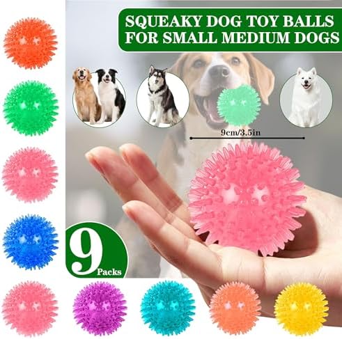 9 Pack Squeaky Dog Balls 3.5″Dog Toys Balls for Medium Large Dogs Pet Puppy Chew Toys for Teething No Odor Durable Spiky Balls for Teeth Cleaning and Training for Medium Dogs (Medium)