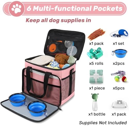 6 Set Dog Travel Bag, Large Pet Travel Kit for Supplies, Pink