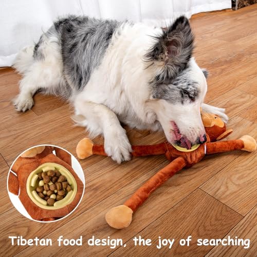 Hollypet Squeaky Plush Stuffed Dog Puzzle Toy with Slow Feeder Bowl, Interactive Chew Toy for Small and Medium Dogs, Tug of War Dog Toys, Monkey
