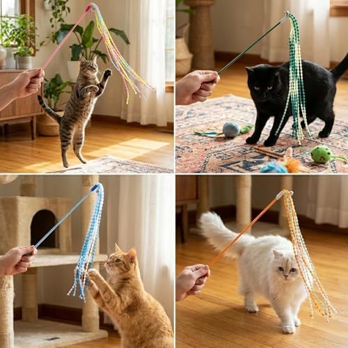 4 PCS Cat Stick Toy, String Cat Toy Multicolor Cats Interactive Wands Toys with Bells for Indoor Outdoor Cats Kitten Playing Have Fun Exercise