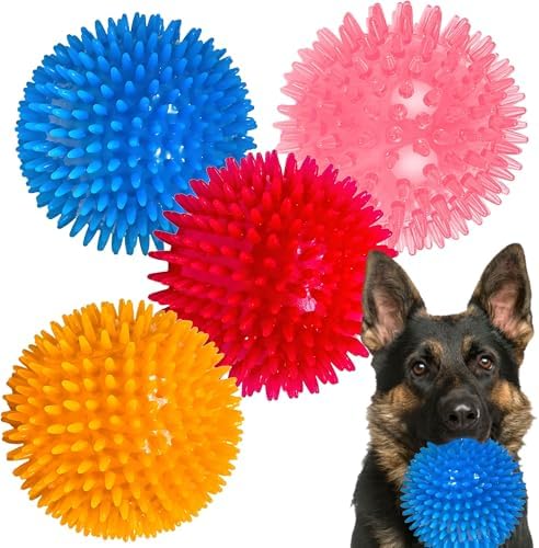 4.5″ Squeaky Dog Balls 4 Color Dog Toys Balls for Medium Large Dogs Pet Puppy Chew Toys for Teething No Odor Durable Spiky Balls for Teeth Cleaning and Training for Large Dogs (Large)