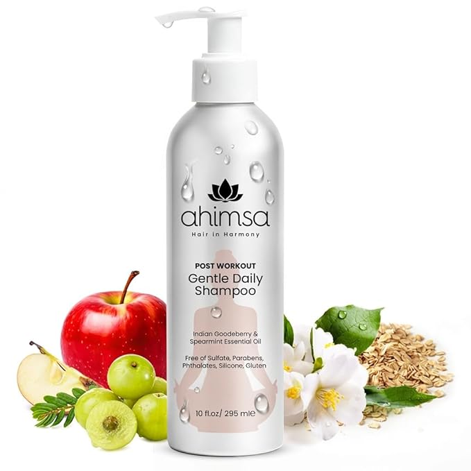 Ahimsa Gentle Daily Shampoo Paraben Sulfate Free, Organic Hair Shampoo for Dry Damaged Hair, Curly & Color-Treated, Apple & Oat Amino Acids, Indian Gooseberry for Scalp Health, Jasmine Oil (10oz)