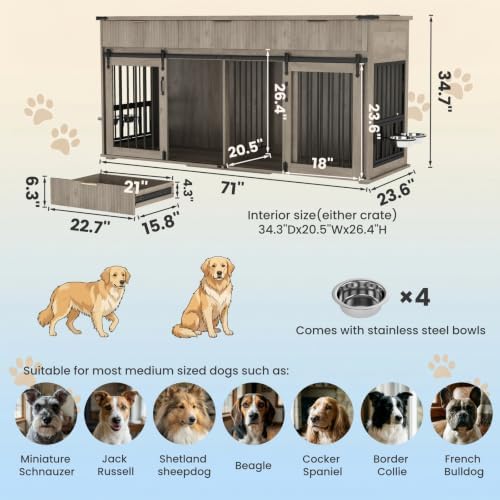 Large Dog Crate Furniture for 2 Dogs, Wood, White TV Stand with 4 Doors and 4 Storage Drawers, Removable Divider, Indoor Kennel for Medium and Large Dogs (71inch Grey Oak)