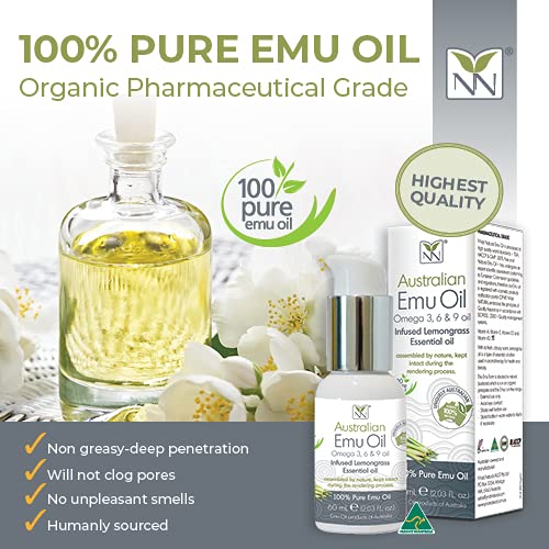 Y Not Natural Pure Emu Oil - Organic Moisture for Face, Body, Hair, Scalp & Nails - Rich in Omega 3-6-9, Vitamins & Essential Minerals - Australian Emu Oil (60ml) 2.03 fl oz - Lemongrass