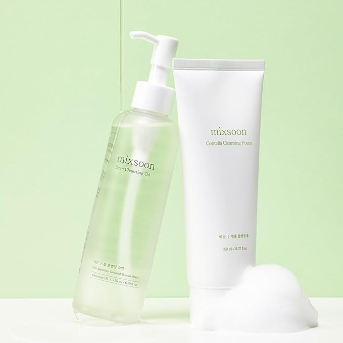 mixsoon Double Cleansing Set 2-Step Routine, Cica Foam & Bean Cleansing Oil Face Wash Set Gentle Deep Clean and Hydrating Care 150ml / 5.07 fl.oz., 195ml / 6.59 fl.oz. Korean Glass Skin Care