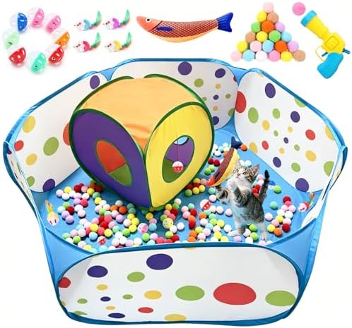 Ball Pit and Tunnel Tent for Cats, with 200 Pom‑pom Balls, 1 Ball Launcher, 8 Bell Balls, 4 Colorful Mice and 1 Saury Fish, Foldable Indoor & Outdoor Cat Activity Center for Interactive Play
