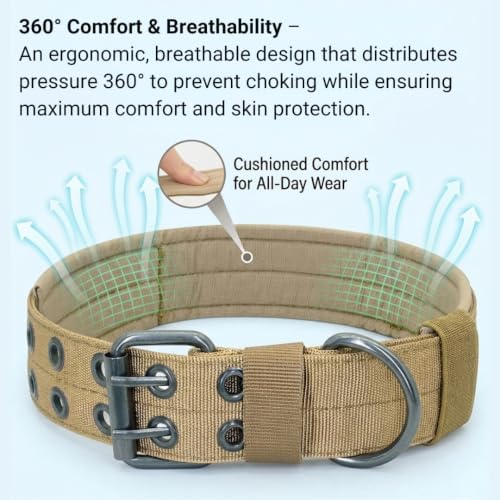 Tactical Nylon Dog Collar with Heavy-Duty Double-Hole Buckle, Breathable Anti-Choke Padding for Medium, Large, Extra Large Dogs - Include Smart Tag Case & 2 Sticky Patches
