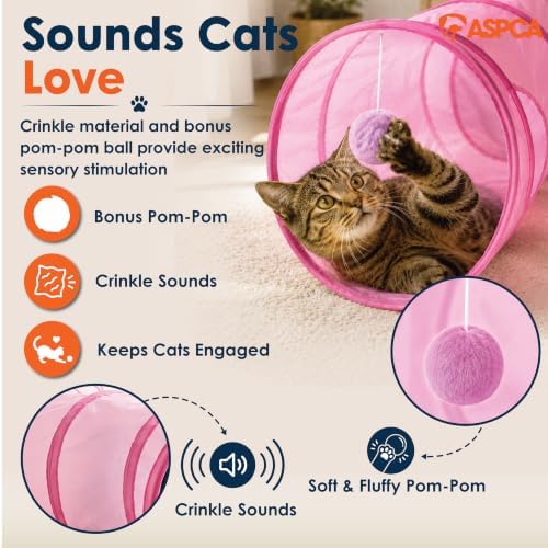 ASPCA Cat Tunnel with Rattle Toy – Interactive Collapsible Cat Tunnel for Indoor Cats, Crinkle Play Tunnel with Hanging Rattle Toy, Encourages Hiding, Chasing, Pouncing & Active Play, S-Shape, Pink