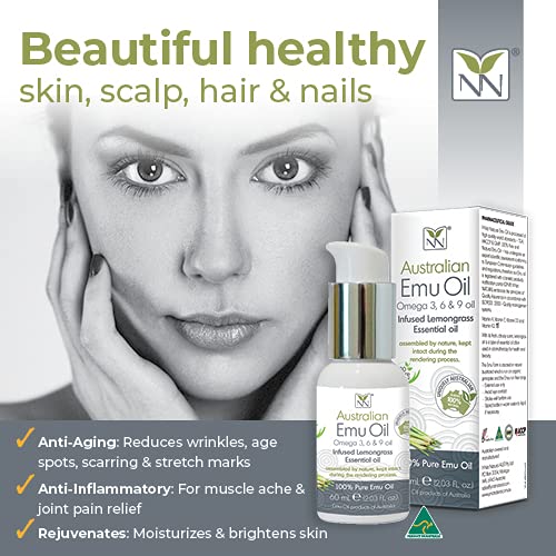 Y Not Natural Pure Emu Oil - Organic Moisture for Face, Body, Hair, Scalp & Nails - Rich in Omega 3-6-9, Vitamins & Essential Minerals - Australian Emu Oil (60ml) 2.03 fl oz - Lemongrass