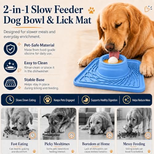 Slow Feeder Dog Bowls & Lick Mat Combo for Liquid and Thick Treat, Silicone