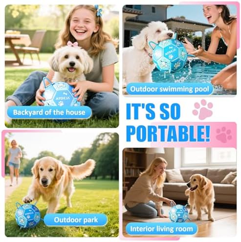 Size 3 Blue Dog Soccer Ball with Straps Eye-Catching Bone and Paw Print Design, Ultra-Durable Training Ball for Pets Interactive Outdoor Dog Toy, Perfect for Medium & Large Puppies
