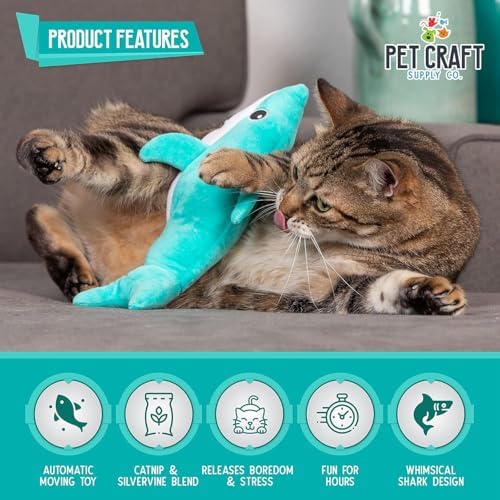 Pet Craft Supply Wiggle Pickle and Shimmy Shark Flipper Flopper Interactive Electric Realistic Flopping Wiggling Moving Fish Potent Catnip and Silvervine Cat Toy, Multi (8726), All Breed Sizes