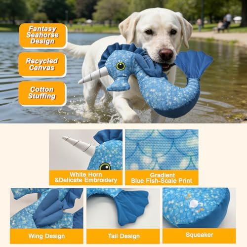 11.42" Recycled Canvas Seahorse Squeaky Dog Toy, Durable Stuffed Chew Toy for Puppy Teething, Interactive Play for Small Medium Large Dogs