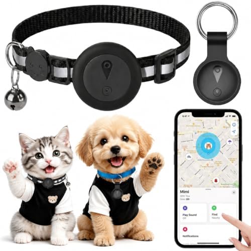 Pet GPS Tracker Collar for Cats,Mini GPS Dog Tracker,No Monthly Fee Location,Smart Pet Activity Tracker,Works with Apple iOS Find My,IP67 Waterproof Finder Tag Global Tracking-Black