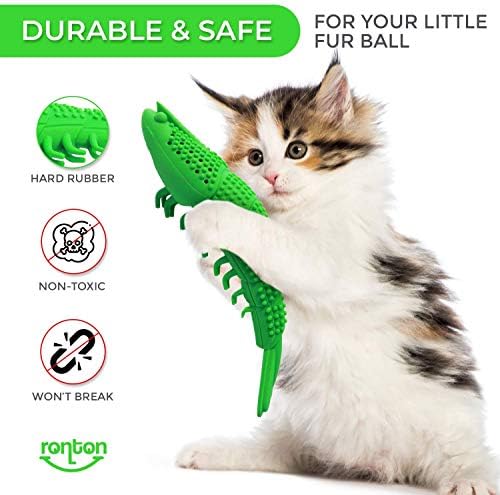 Ronton Cat Toothbrush Catnip Toy - Durable Hard Rubber - Dental Care, Cat Interactive Toothbrush Chew Toy (1 Pack Green (Shrimp)
