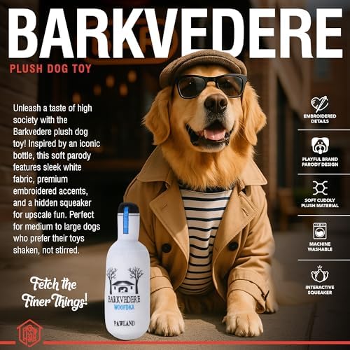 Barkvedere – Luxurious Parody Plush Dog Toy with Squeaker, Premium Fabric, Embroidered Details, Designer-Inspired Chew Toy, Fun Gift for Medium Dogs & Dog Lovers