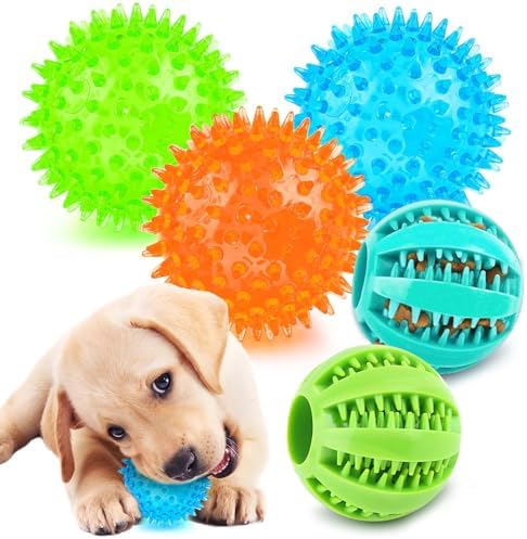 PUPTILY 2 Different Functions Interactive Ball for Dogs 2.5” Squeaky Dog Balls Toys and Puppy Teething Chew Toy Balls for Small Dogs for Clean Teeth and Training （5Pcs）