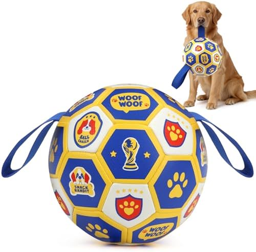 Vivifying Dog World Cup Soccer Ball Toy, 8 Inch Floatable Interactive Dog Toy for Large and Extra Large Dogs, Durable PU Enrichment Ball with Nylon Straps for Outdoor Fetch, Training & Playing