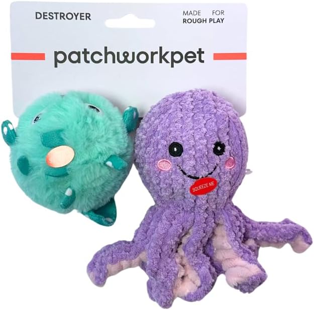 Patchwork Pet Destroyer Dog Toys, 4 inch Squeaky Prickly Rubber Ball, Purple Octopus and Teal Fish
