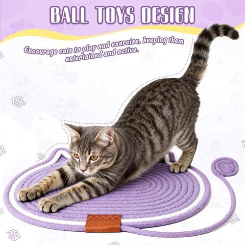 Cat Scratcher Mat Natural Cotton Rope Oval Horizontal Floor Cat Scratch Bed Pad with Ball Toy Protector for Furniture Floor Wall (Grey, 1PC)