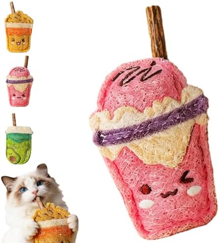 Natural Loofah Chew Cat Toys Janpanese Style, Dental Care Silvervine Sticks for Indoor Cats and Kittens, Milk Tea Cup-Shaped Catnip Treat Toys (Pink)