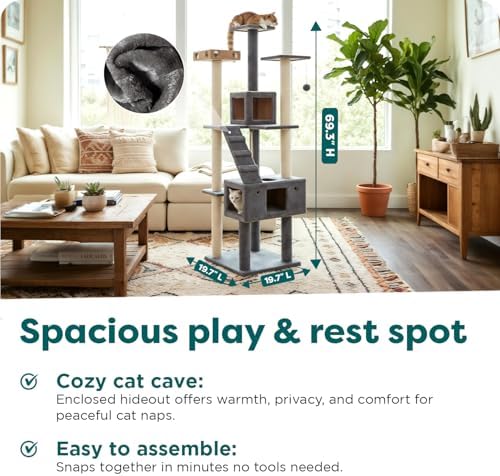 FurHaven 69.3" Tall Cat Scratching Post Tower for Indoor Cats, Sisal Cat Tree with 2 Condos, Tiger Tough Double Decker Playground, Toys & Perches for Cats, Sisal, Silver Gray