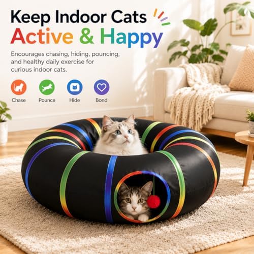 Cat Tunnel Toy with Plush Ball & Cat Wand Feather Toys-Portable Tattaff Waterproof Washable-Interesting Pattern Collapsible Black Rainbow