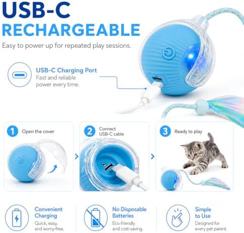 Interactive Cat Toy Ball with LED Lights – USB-C Rechargeable Automatic Feather Teaser for Indoor Cats & Kittens, Fun Chase & Exercise Toy