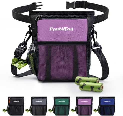 Dog Treat Pouch, 4 Cup Training Bag, Magnetic Closure, 3 Way Wear, Purple | 600D waterproof Oxford fabric, multi pocket storage, zipper and mesh pockets, pull out poop bag dispenser, includes 2 rolls