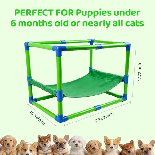 Puppy Play Gym with Hammock 8 Hanging Toys, Dog Jungle Gym Indoor Pets Cats Toys, Teething Chew Toys Puppy Gym Activities Center for Cats Adjustable Playground for Small Dogs at Home PVC Frame