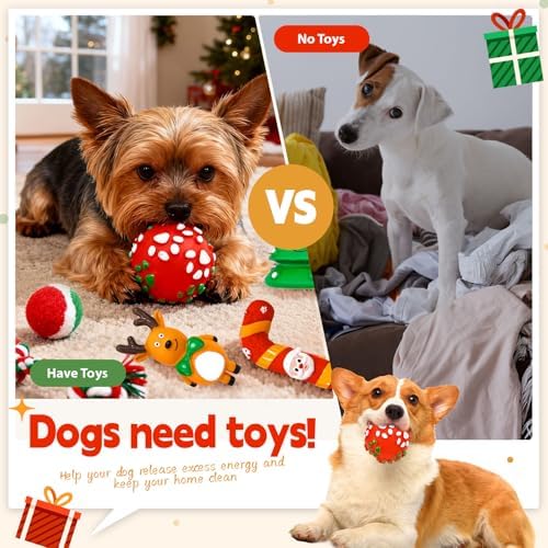 BAEJMJK 6Pcs Christmas Small Dog Toys Set-Xmas Holiday Squeaky Dog Toy Ball and Rope Dogs Toy Set -Funny Interactive Puppy Chew Toys with Christmas Tree Santa Claus and Reindeer Designs