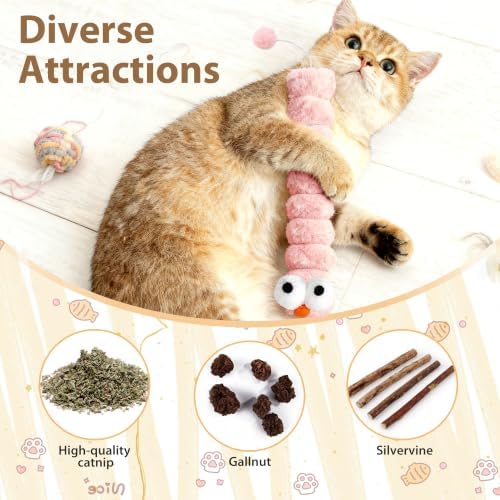 3 Pack Long Cat Kicker Toys with Catnip, 14.5 Inch Plush Caterpillar Cat Toys for Indoor Cats, Interactive Kicker Toys with Rabbit Fur Tail for Biting and Play