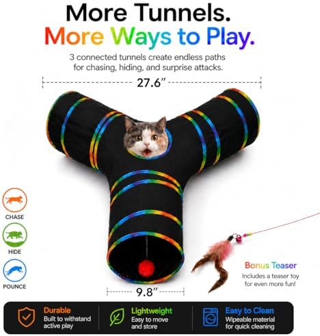 Cat Tunnels Tube Toy with Plush Ball & Cat Wand Feather Toys-Portable Tattaff Waterproof Washable-Interesting Geometric Pattern Collapsible-3 Way Black Rainbow