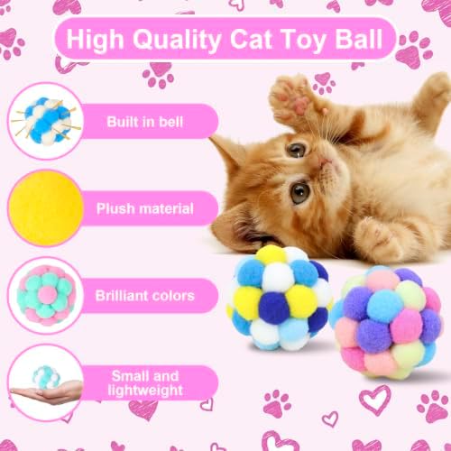 Cat Toys Balls 6 Pieces with Bells 5cm Soft Cat Pom Poms Balls Cats Interactive Ball Toy for Cats Kitten Indoor Outdoor Playing Chewing Scratching (Cat Ball Set 2)