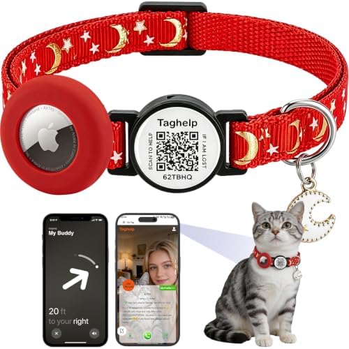 Stars and Moon AirTag Cat Collar with AirTag Holder,Air Tag Cat Collar for Apple. Solid & Safe, Pet Collar, Breakaway Cat Collar, Scan QR for Instant Location Alerts.NO APP(red)