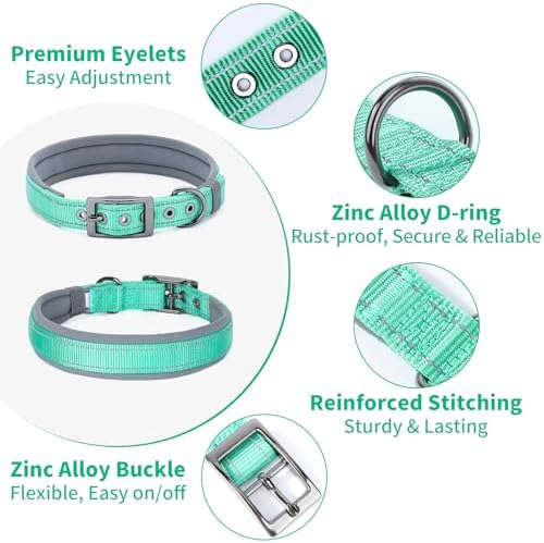 Segarty Reflective Dog Collar for Large Dogs, Adjustable Wide Soft Comfortable Breathable Neoprene Padded Nylon Collar with Heavy Duty Metal Buckle for Large Medium Breeds (L, Green)