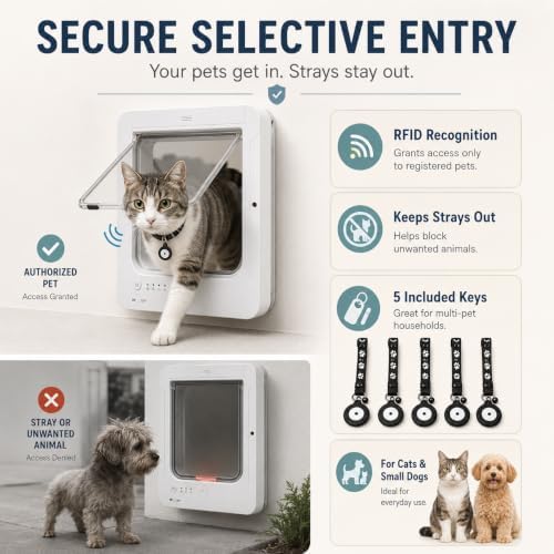 RFID Automatic Cat Door with Remote Control, 4 Modes, 5 RFID Tags