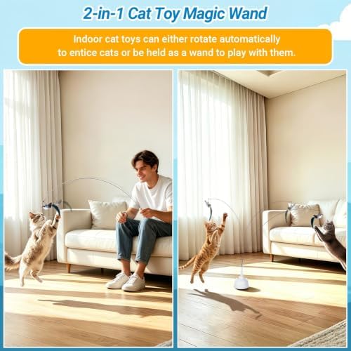Interactive Cat Toys for Indoor Cats, Automatic 360° Spinning Cat Wand Toy, Strong Suction Cup Base, USB Rechargeable, Detachable Wand, 2 Feather Refills, 2 Speeds, 3 Modes for Cats of All Ages