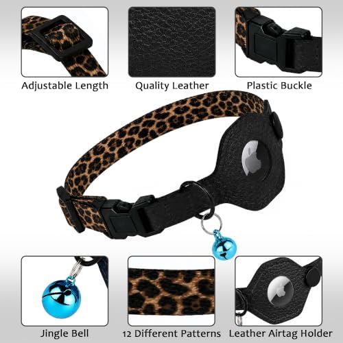 Breakaway Cat Collar with Leather AirTag Holder & Bell - Apple Air Tag Cat Collars for Girls & Boys, Lightweight Anti-Lost GPS Tracker Design, Printed Pattern - Safety and Adjustable (Leopard)